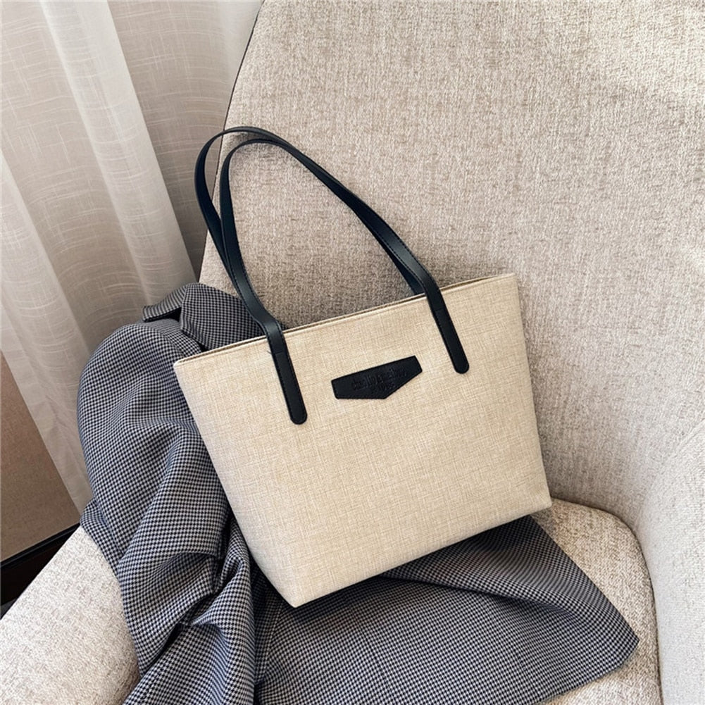 Fashion Hit Color Shoulder Tote Bags Women Leather Linen Simple Shopping Street Crossbody Pouch Large Capacity Handbag