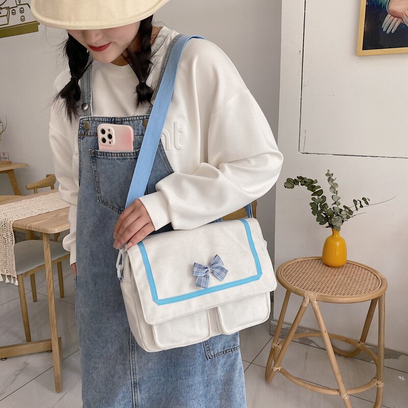 Simple Casual Little Bow Girl Canvas Messenger Bag JK Uniform Women Japanese Style School Shoulder Bag Satchel