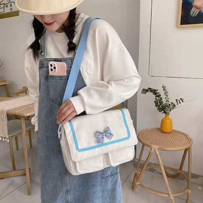 Simple Casual Little Bow Girl Canvas Messenger Bag JK Uniform Women Japanese Style School Shoulder Bag Satchel