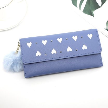 PU Leather Luxury Wallet for Women Card Holder Pure Color Heart-shaped hair Ball Female Purses Long Clutch Carteras