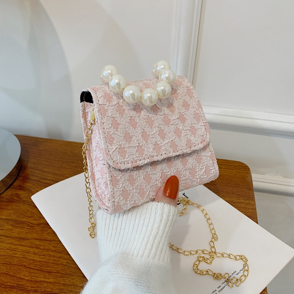 Women Mini Pearl Chain Crossbody Bag Fashion Lace Solid Color Shoulder Bags Female Casual Small Messenger Bag Top Handle Handbag