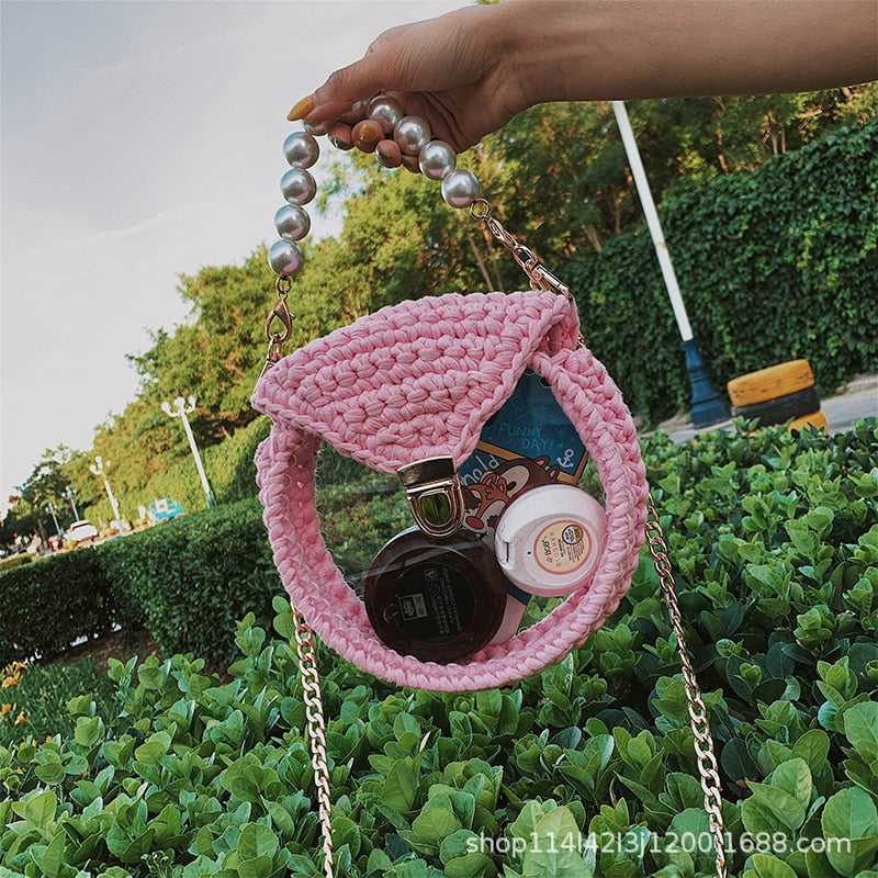 Boho Summer Femeal Bags Transperant Pearl Handle Clear Tote Handbag Colorful Woven Chain Women Messenger Bag