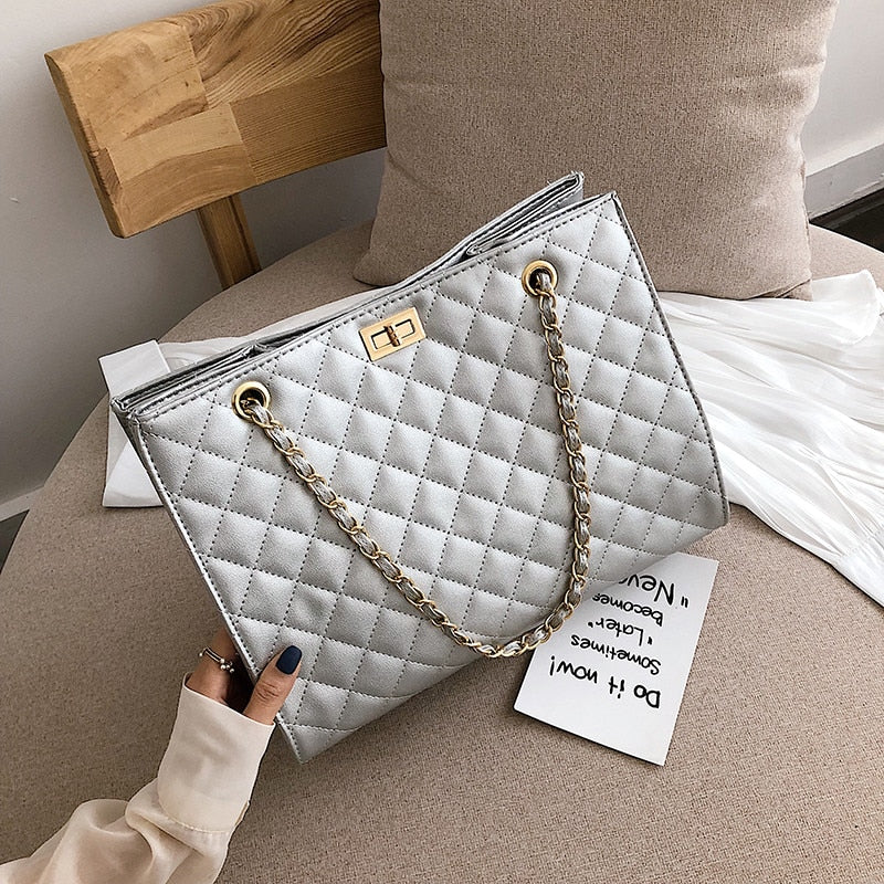 Fashion Silver Plaid Shoulder Women&#39;s Bag Luxury Leather Shopper Crossbody Bag Lattice Messenger Handbag Lady Big Chain Tote Bag