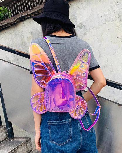 Fashion Women&#39;s Laser Mini Backpack Butterfly Angel Wings Daypack for Girls Travel Casual Daypack School Bag Holographic Leather