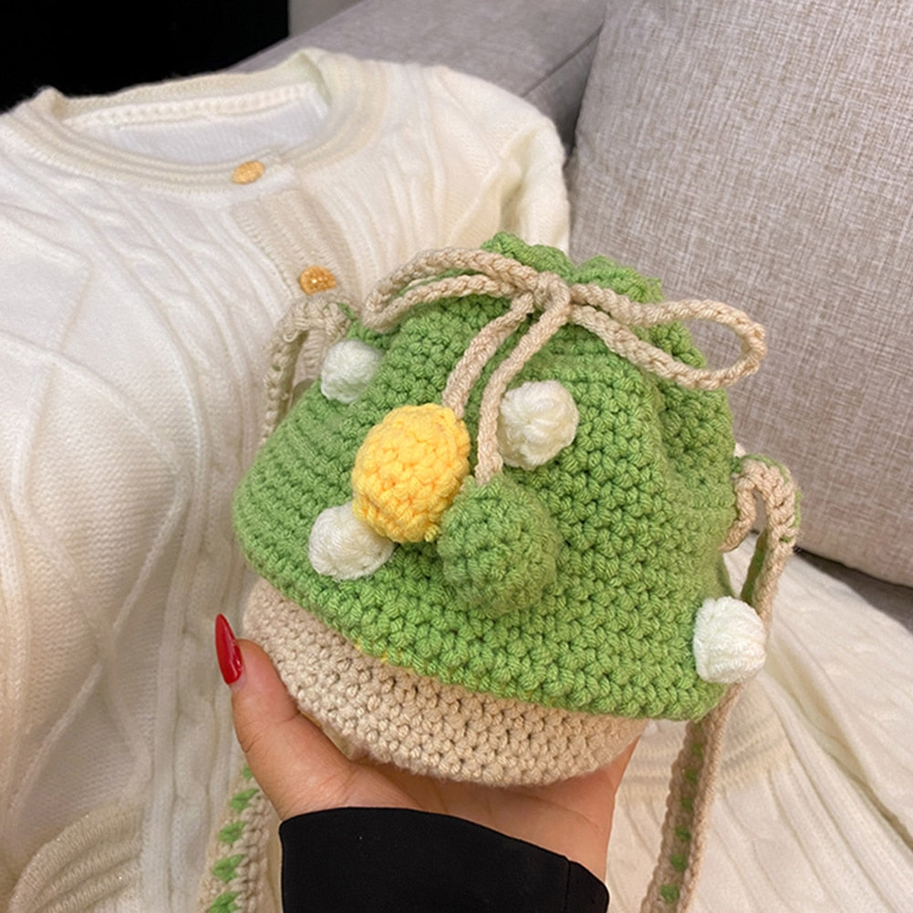 Women Shoulder Bag Women Fashion Knit Mushroom Hit Color Shoulder Bag Crossbody Bags Female Casual Mini Purse