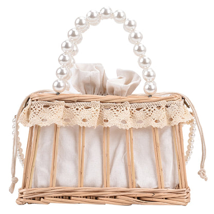 Casual Summer Rattan Woven Women Shoulder Crossbody Bags Fashion Pearl Chain Basket Drawstring Ladies Small Top-handle Handbags