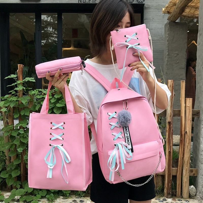 Popular Canvas Backpack Female Bow Ribbon Campus Student Backpack Casual Children Mother Package Four-piece