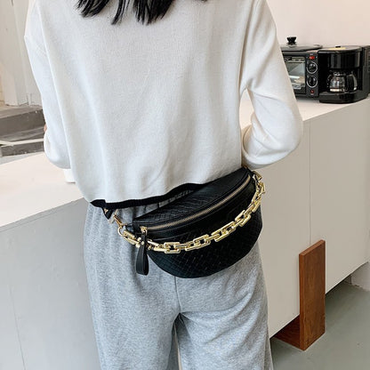 Thick Chain Women&#39;s Fanny Pack Plaid leather Waist Bag Shoulder Crossbody Chest Bags Luxury Designer Handbags Female Belt Bag