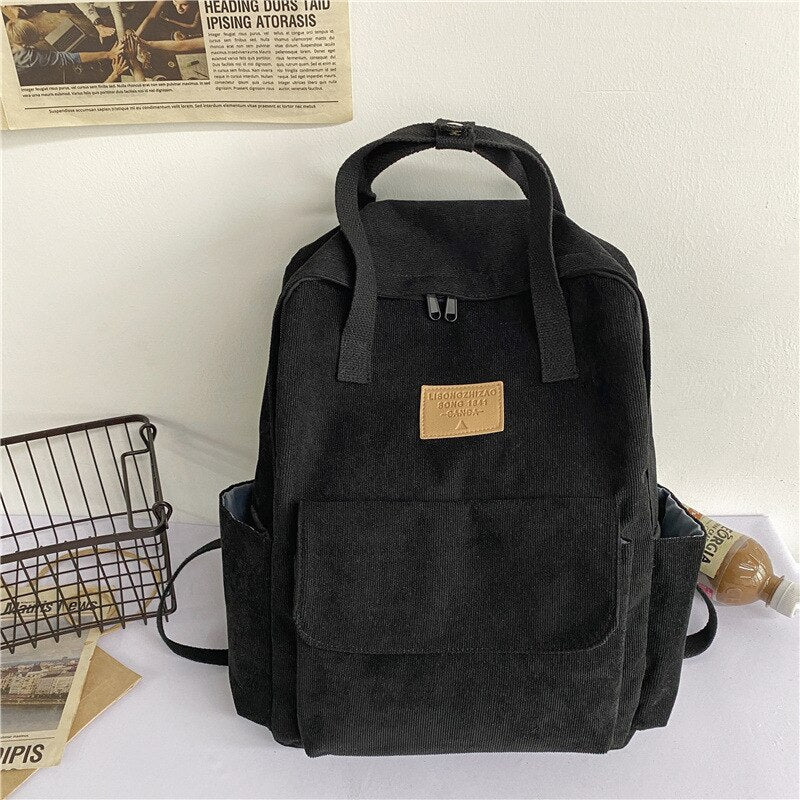 Hylhexyr Canvas Cotton Knapsack Corduroy Daypack Soft Portable Casual School Backpack Bag For Kids and Teenager Solid Color