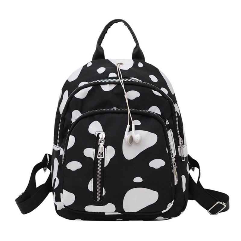 Kawaii Cow Print Small Backpack Women Girls Mini Cute School Bookbag Female Nylon Casual Rucksack Daypack Travel Shoulder Bag