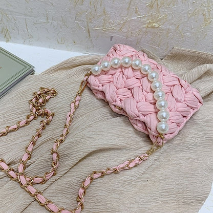 purses and handbags Handmade Cotton Crochet Women's Bag Pearl Chain Mini Portable Shoulder/Crossbody Bag