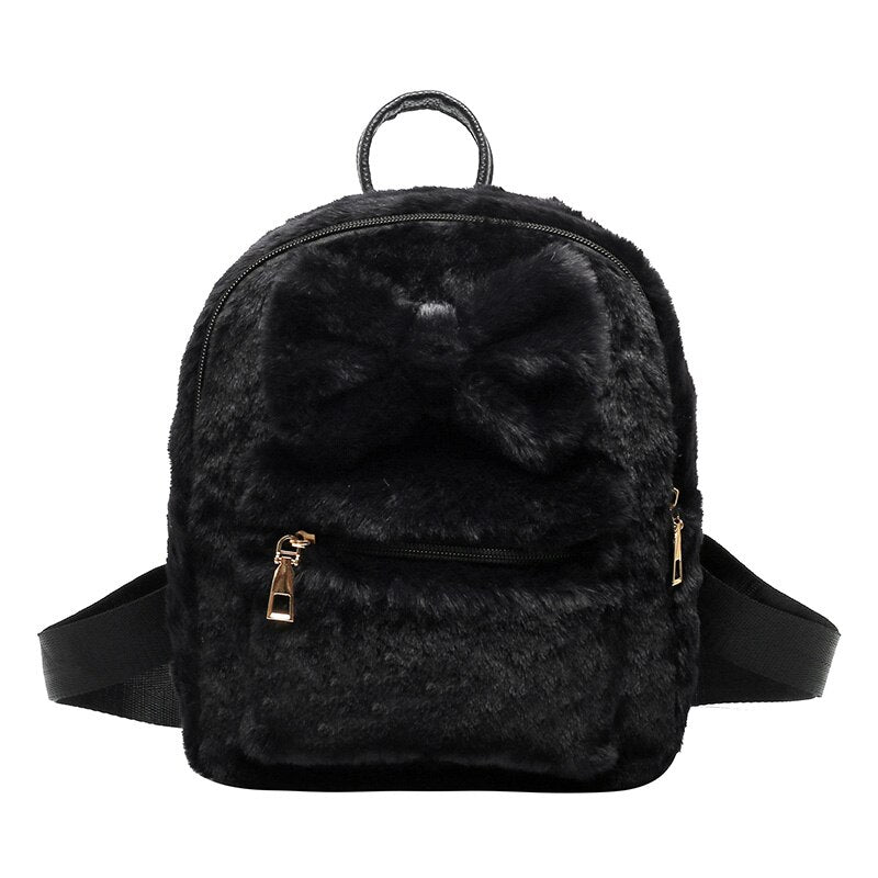 Kawaii Bow Plush Women Backpacks Soft Fluffy Bags Furry Bags For Women Faux Fur Shoulders Bag Winter New Bags Mini Backpack