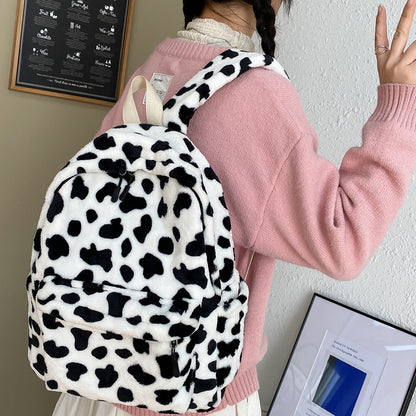 New Winter Women Warm Plush Backpack Teenager Girls School Bag Fashion Cow Print Backpacks Female Multi-Pockets Travel Bag