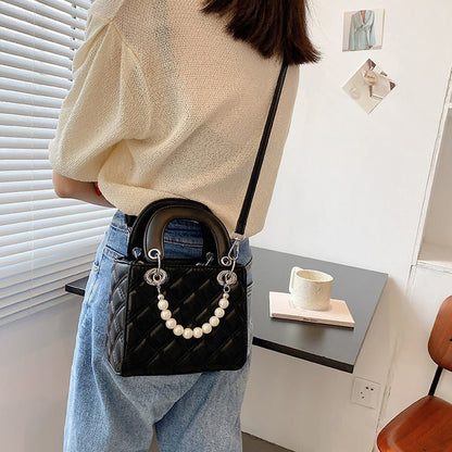 Mini Top-handle Bags Women Pearls French Style Elegant Cross Body Diamond Lattice PU Leather Handbags Shoulder Ladies Luxury Ins