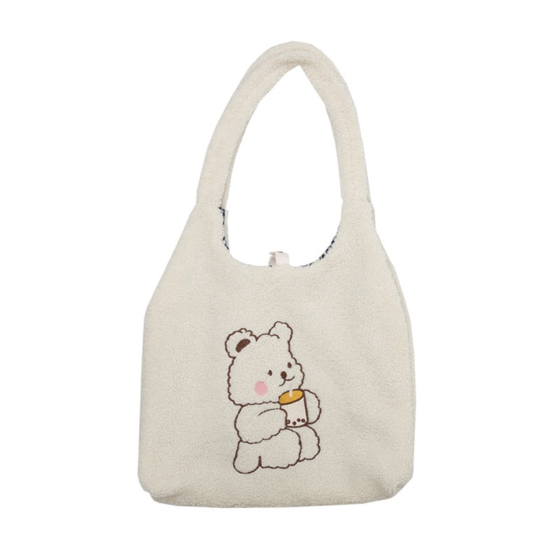 Hylhexyr Women Canvas Tote Purse Lamb Like Fabric Shoulder Bag Bear Embroider Crossbody Handbag Casual Shopper Bag Cute For Girl