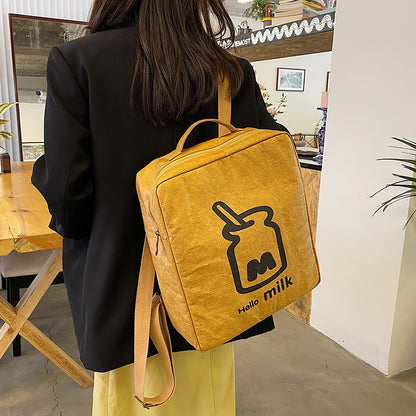 DCIMOR New Kraft Paper Coated Women Backpack Female Cartoon Printing Portable Travel Bag Teenage Girl Square Schoolbag Bookbag