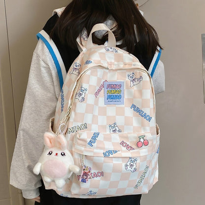 Women Laptop Plaid College Bag Cute Cartoon Girl Travel Backpacks Nylon Fashion Lattice Ladies Kawaii Backpack Female School Bag