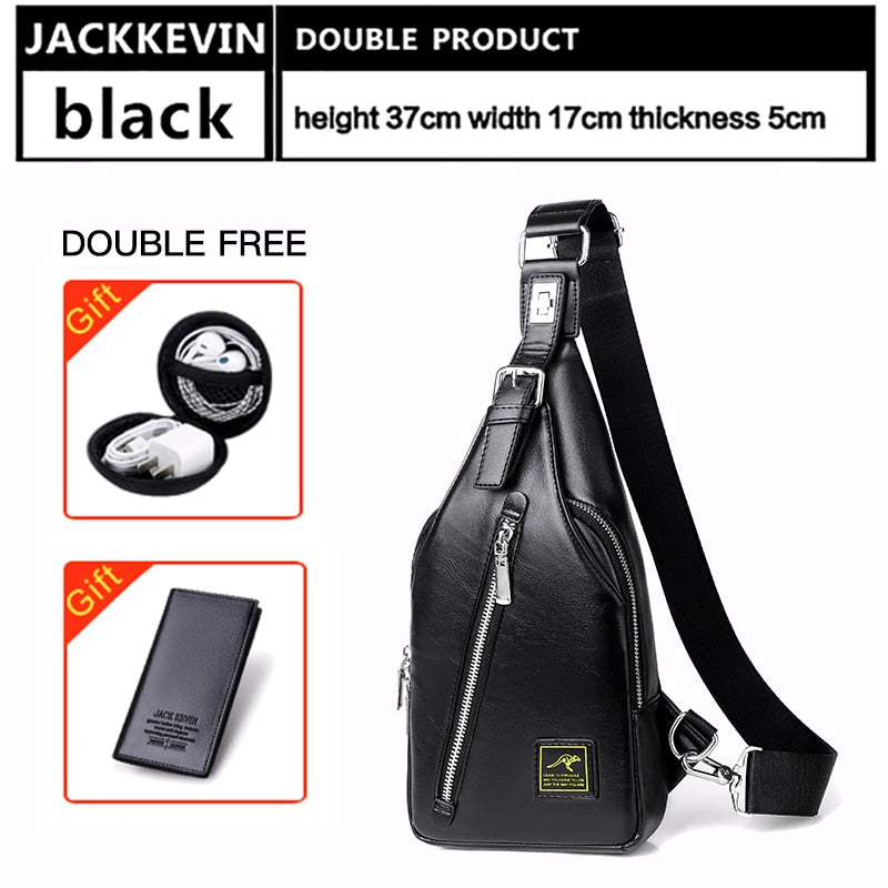 JackKevin Men&#39;s Fashion Crossbody Bag Theftproof Rotatable Button Open Leather Chest Bags Men Shoulder Bags Chest Waist Pack