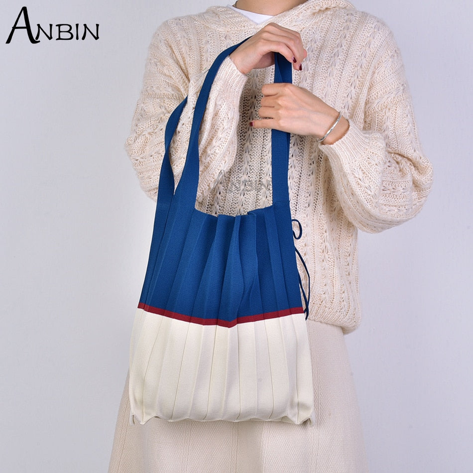 Women Shoulder Bag Knitted Fabric Colour Blocking Design Pleated Bags Woolen Cloth Handbag Foldable Strapped Tote For Female