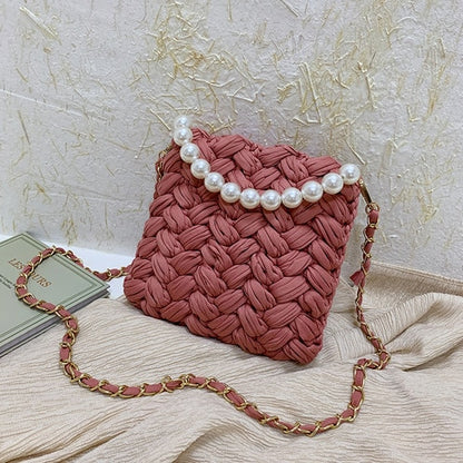 purses and handbags Handmade Cotton Crochet Women's Bag Pearl Chain Mini Portable Shoulder/Crossbody Bag