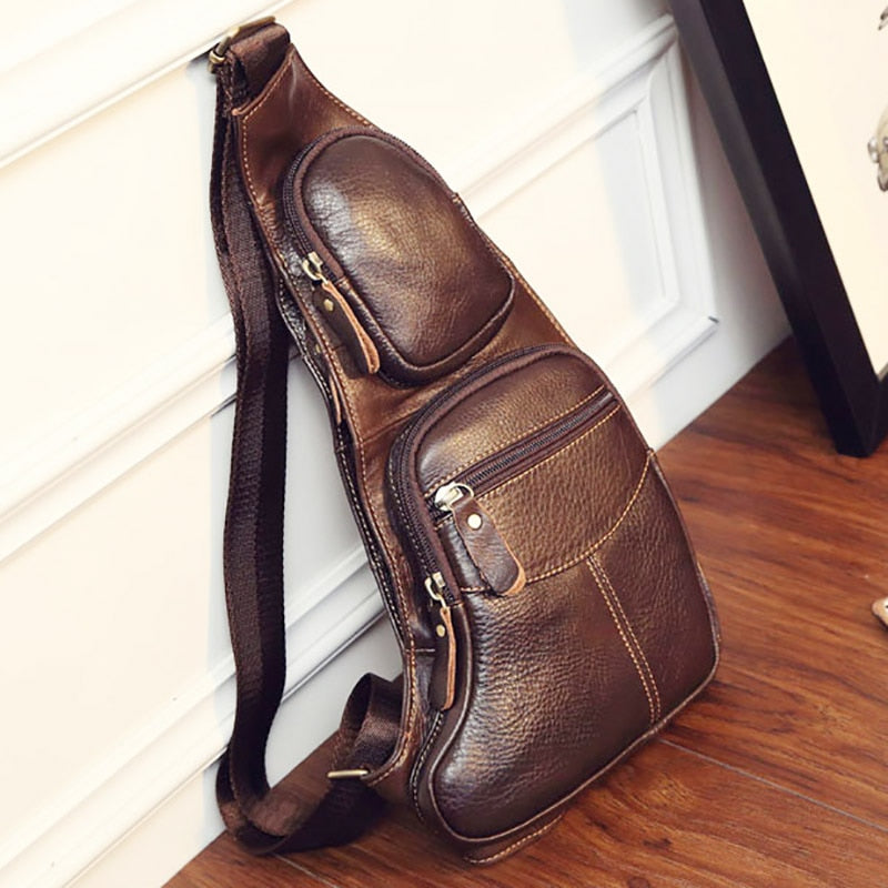 New Men Genuine Leather Cowhide Vintage Sling Single Chest Back Day Pack Travel Famous Casual Cross Body Messenger Shoulder Bag