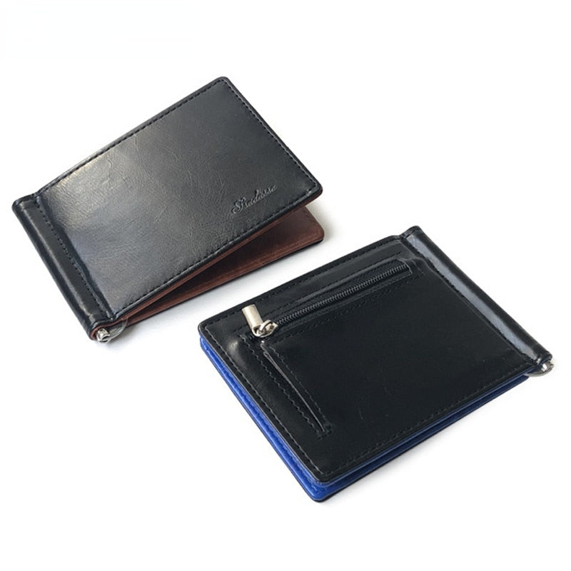 New arrival Slim Men&#39;s Leather Money Clip Wallet With Coin Pocket Bank Card Slots A Metal Clamp Cash Holder Purse For Man