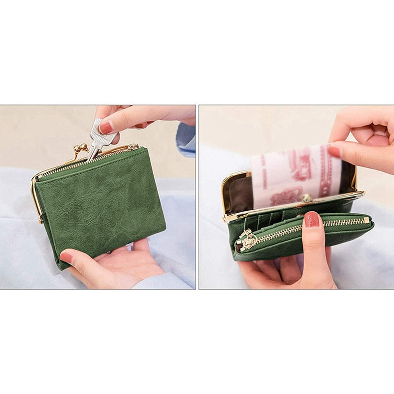 Women&#39;s Wallet Short  Bifold Retro Multifunction Coin Purse with Zip and Kiss Lock Green PU Leather Female Short Purses