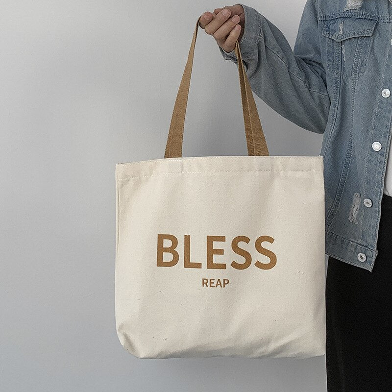 Women Student Canvas Shoulder Shopper Bag Large &quot;Bless&quot; Letter Cotton Cloth Ladies Handbag Eco Reusable Shopping Bag