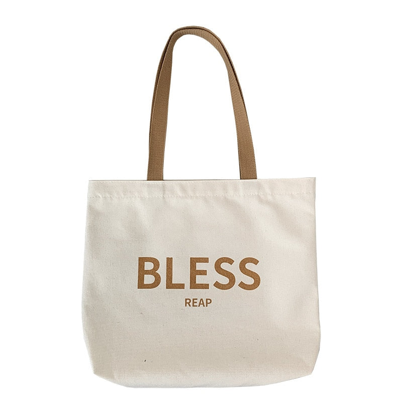 Women Student Canvas Shoulder Shopper Bag Large &quot;Bless&quot; Letter Cotton Cloth Ladies Handbag Eco Reusable Shopping Bag