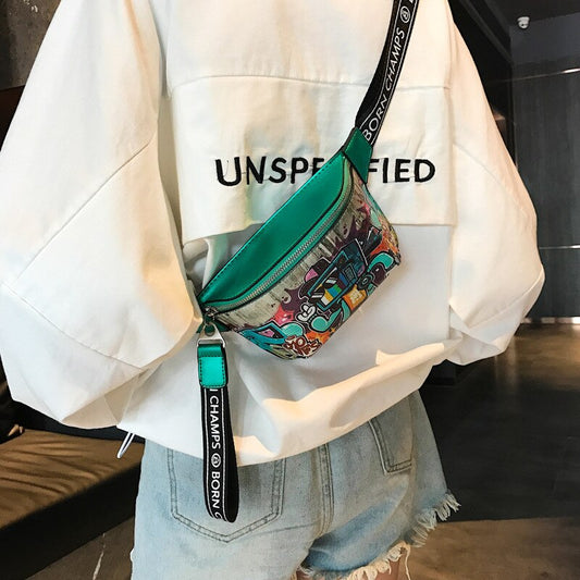 Fashion waist bag new painted graffiti women&#39;s Cross shoulder bag Japanese Hip Hop style printing leisure female chest bag