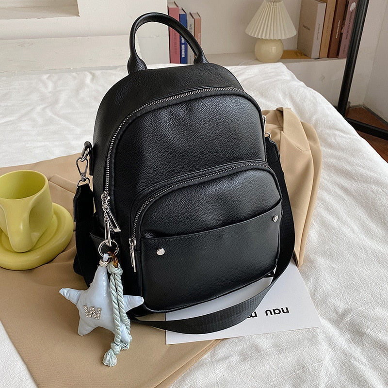 Women Backpack Large Capacity Multifunction Wide strap Female Shoulder Bag Travel Backpack Student Bag PU Leather Daypack black