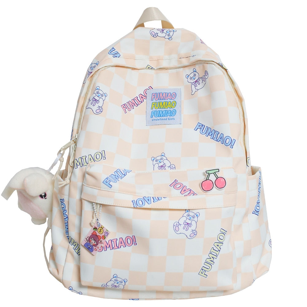 Fashion New Lady Lattice Travel Cartoon Bag Female Plaid Cute College Backpack Trendy Women Bag Girl Cool Kawaii Laptop Backpack