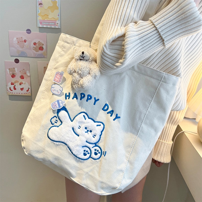 Cartoon Shoulder Bag Women Canvas Large Capacity Cute Shopper Bags Girls Ins Fashion Casual Book Storage Schoolbag for Student