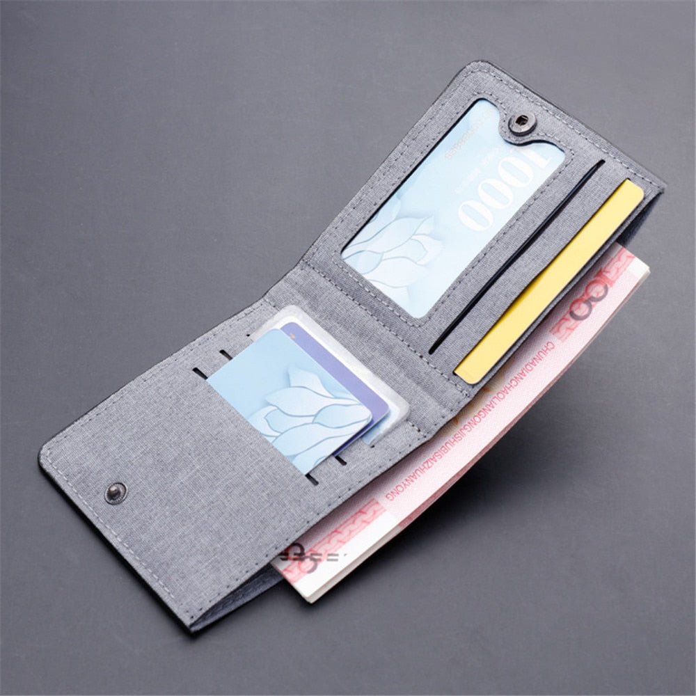Men&#39;s Short Horizontal Square Canvas 2 Fold Solid Color Buckle Wallet Denim New Unmarked Sewing Thread Ultra Thin Card Holder