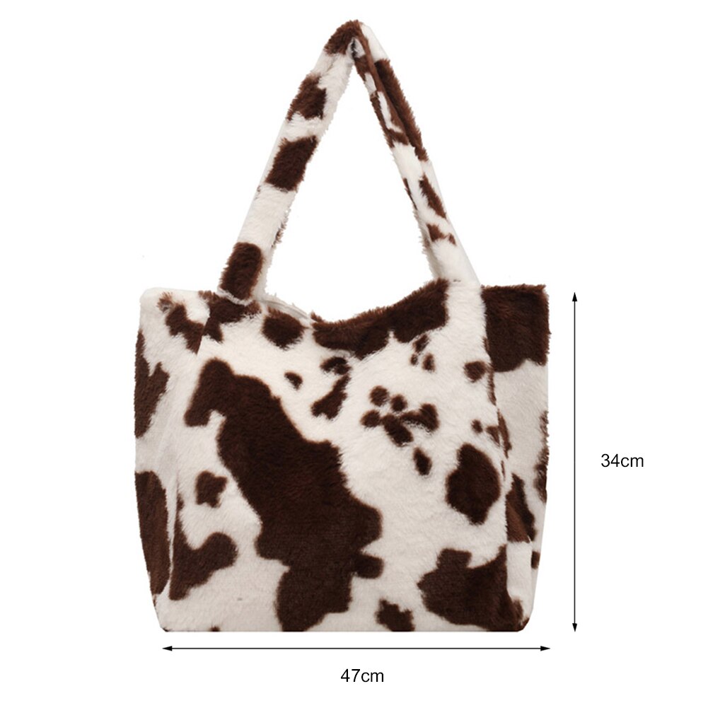 Fashion Plush Cow Milk Print Shoulder Bag Women Casual Large Capacity Shopping Bags Female Autumn Winter Tote Handbags