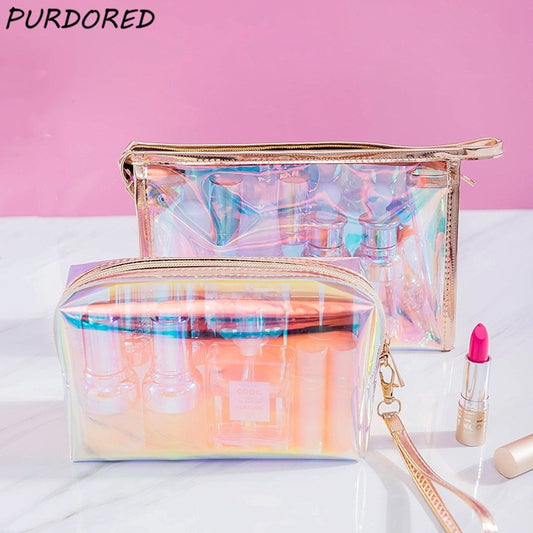 PURDORED 1 Pc Colorful Holographic Women Cosmetic Bag TPU Clear Makeup Bag Beauty Organizer Pouch Travel Clear Makeup Kit Case