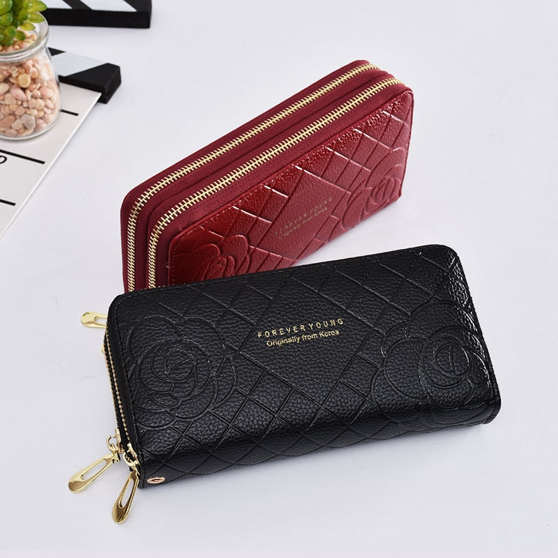 Women&#39;s wallet New Phone Purses Big Female Purse Leather Brand Retro Ladies Long Woman Wallets Card Clutch Double Zipper