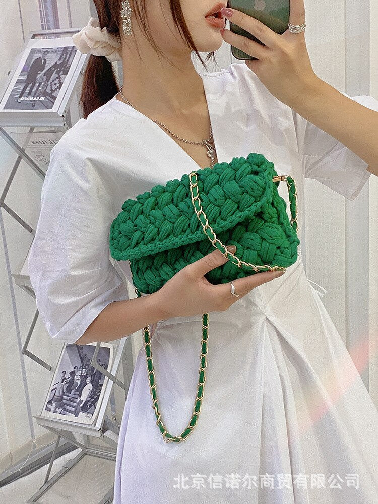 Fashion Rope Woven Shoulder Crossbody Bags for Women Chains Knitting Handbag String Square Bag Small Braided Flap Phone Purses