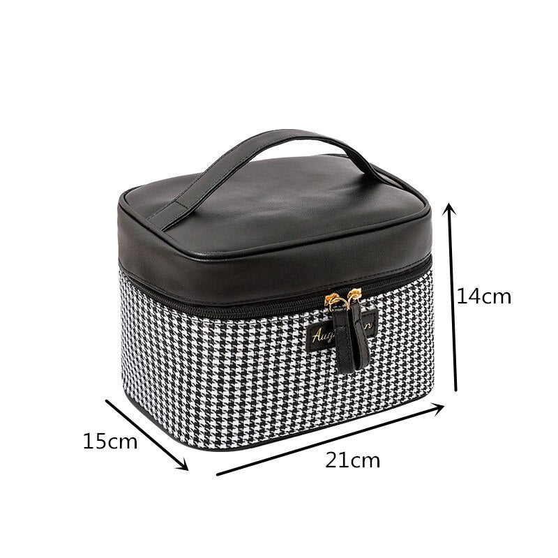 New PU Houndstooth Cosmetic Bag Women Portable Toiletry Makeup Case Travel Large Capacity Wash Storage Pouch Organizer Box