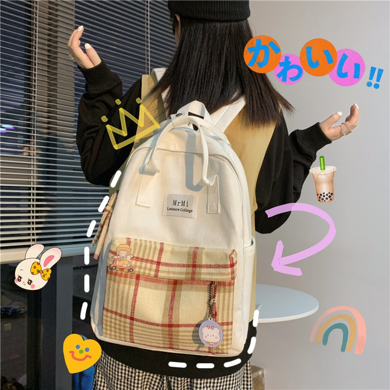 Female Canvas Backpacks for School Teenagers Girls Small Fresh Plaid School Bag Kawaii Bookbag Korean College New Mochilas