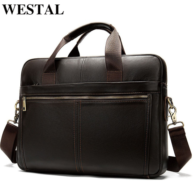 WESTAL Men&#39;s Briefcase Men&#39;s Bag Genuine Leather Laptop Bag 14 Computer Briecases Bags for Document Leather Messenger Totes Bags