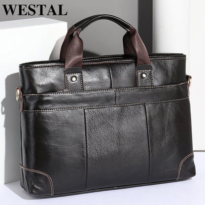 WESTAL Men&#39;s Leather Bag for Men Briefcases Bags Man Genuine Leather Laptop Bag Shoulder Messenger Bags a4 Document Briefcases