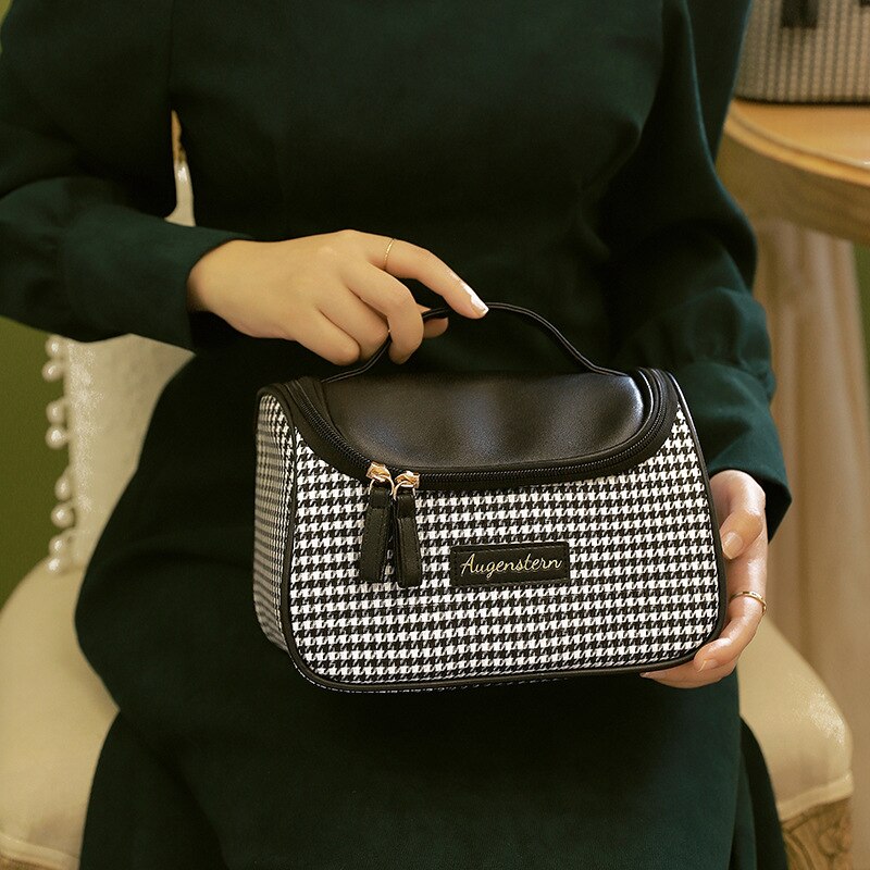 New PU Houndstooth Cosmetic Bag Women Portable Toiletry Makeup Case Travel Large Capacity Wash Storage Pouch Organizer Box