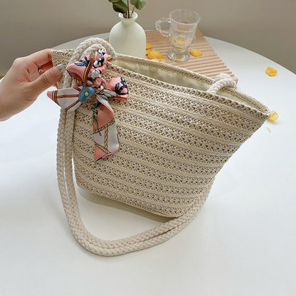 Casual Straw Woven Handbags Women Summer Holiday Beach Bow Totes Top-Handle Bags Fashion Ladies Undearm Shoulder Bags