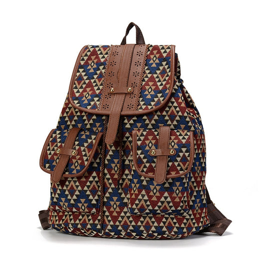 Chinese Vintage Print Canvas Ethnic Backpack for Women Girls School Backpacks Buckle Bohemian Double Shoulders Travel Rucksack