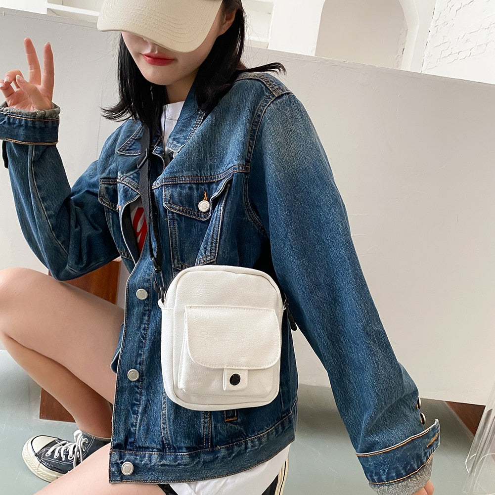 Fashion Women Canvas Shoulder Handbags Korean Solid Color Student Phone Purse Simple Zipper Small Messenger Crossbody Pouch