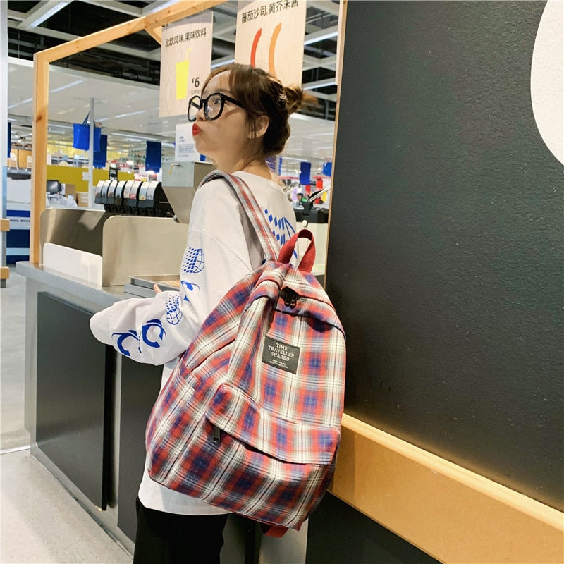 Fashion Plaid Canvas Women&#39;s Backpack Student Backpacks Teenage Girl School Bags Large Capacity Waterproof Travel Rucksack