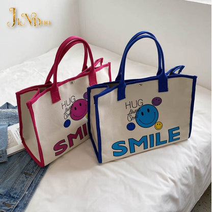 NEW Casual Canvas Women Cute Smile Handbag Large Capacity Handle Bag Shopping Tote Bag Fashion Simple Shoulder Bag Environmental