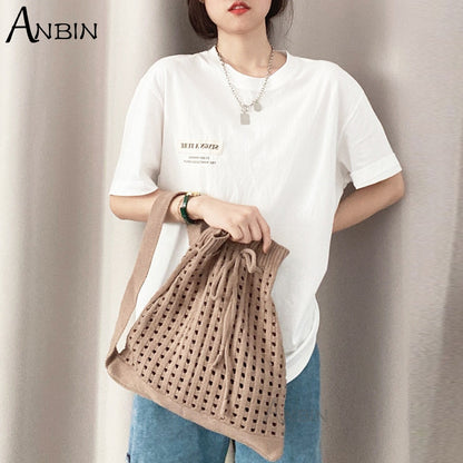 Women&#39;s Shoulder Bag Korean Fashion Wool Knitted Woolen Drawstring Mouth Shopping Hollow Out Bucket Bags Casual Female Handbag