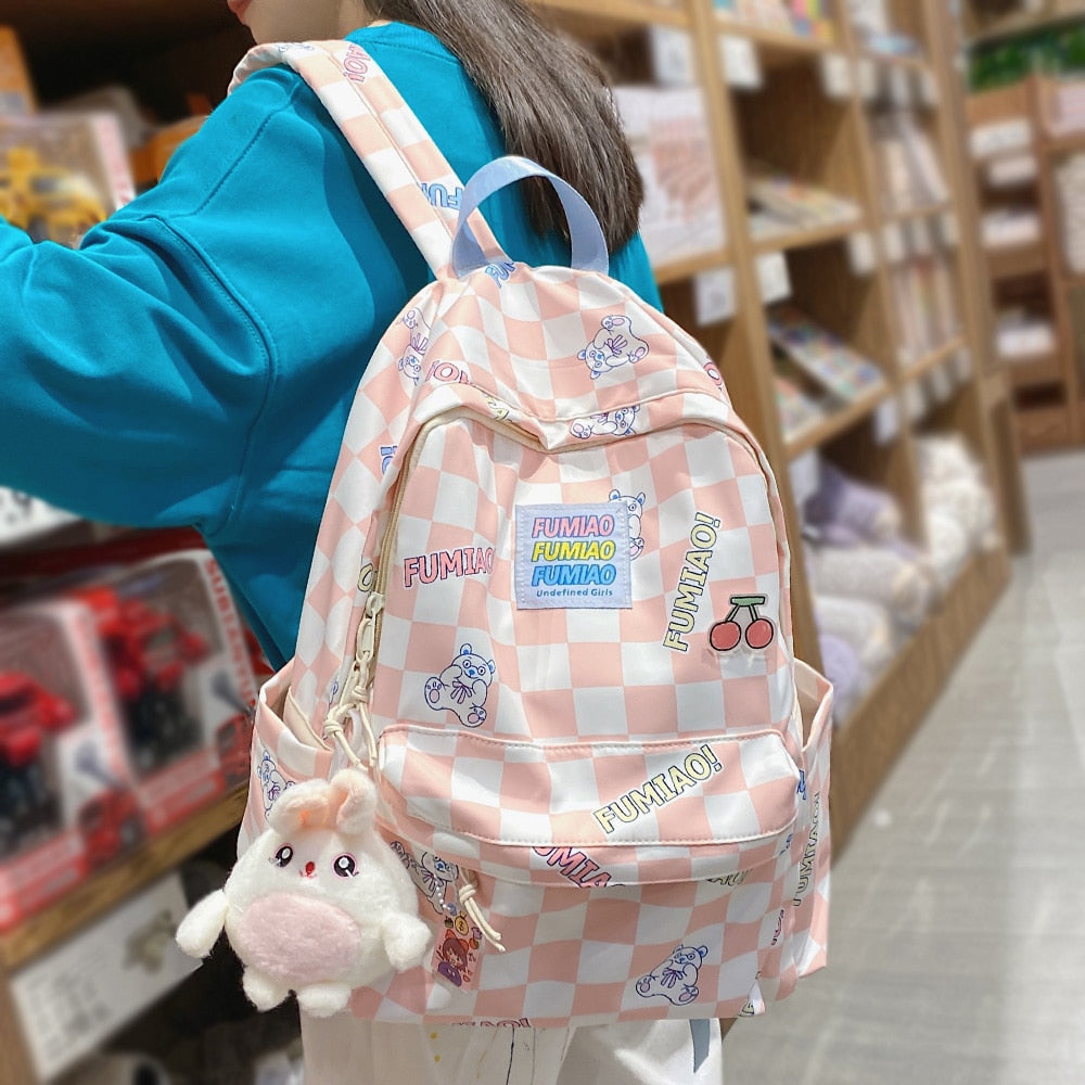 Women Laptop Plaid College Bag Cute Cartoon Girl Travel Backpacks Nylon Fashion Lattice Ladies Kawaii Backpack Female School Bag